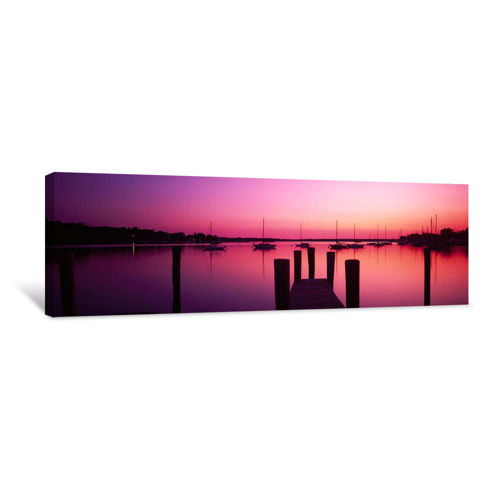 Silhouette Of Boats In A Lake At Sunset, Lake Macatawa, Holland, Ottawa County, Michigan, USA Canvas Wrap