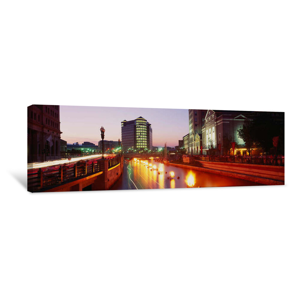 Street Lights Illuminated On The Road, Waterplace Park, Providence, Rhode Island, USA Canvas Wrap
